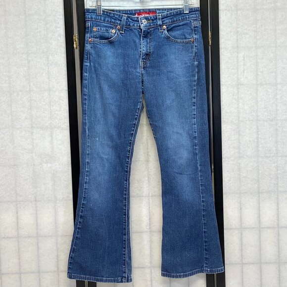 Levi’s 519 Low Rise Flare Jeans Faded Medium Wash Distressed Stretch Denim 7S - Picture 1 of 14